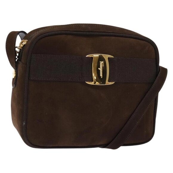 Salvatore Ferragamo Vala Shoulder Bag Suede Brown Gold Auth gh619 - Picture 1 of 16